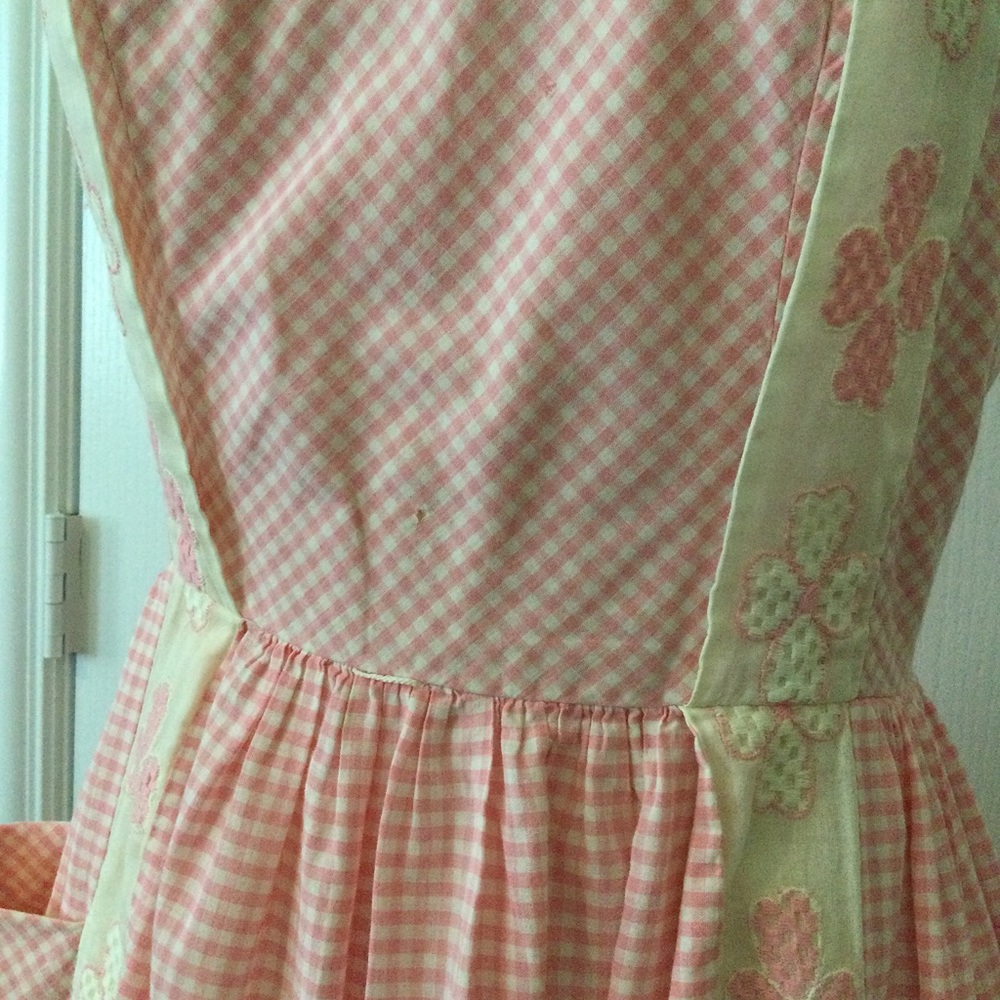 Vintage 1960s Pink Gingham Summer Dress Floral Organza Lace Sz S - Picture 5 of 7